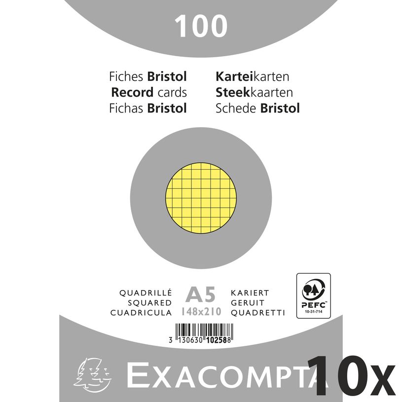 3130632102586-Exacompta - 10 Packs de 100 Fiches Bristol - A5 - petits carreaux - non perforées - jaune-P_400005591_1-0