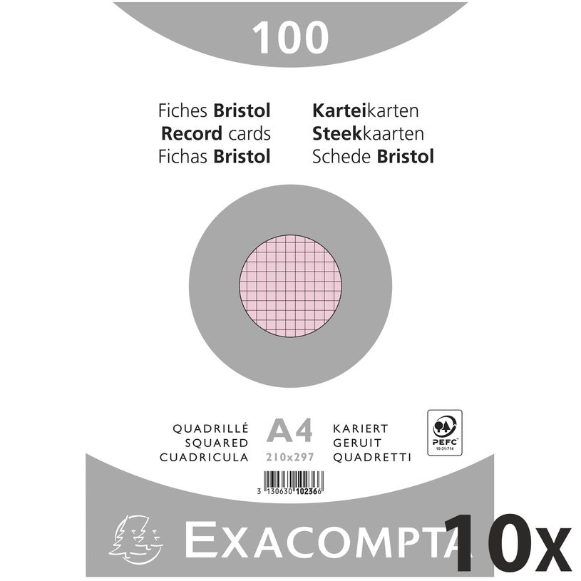 3130632102364-Exacompta - 10 Packs de 100 Fiches Bristol - A4 - petits carreaux - non perforées - rose-P_400005594_1-0
