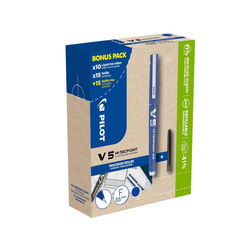 3131910556244-Pilot Hi-Tecpoint V5 - 10 Rollers bleu + 10 packs de recharges-P_400005734_1-0