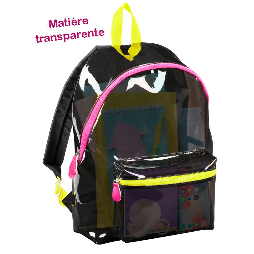 3135257072832-Sac à dos Neon 1 compartiment - noir translucide, zips fluo - Exclusivité Bureau Vallée-P_400006526_2-1
