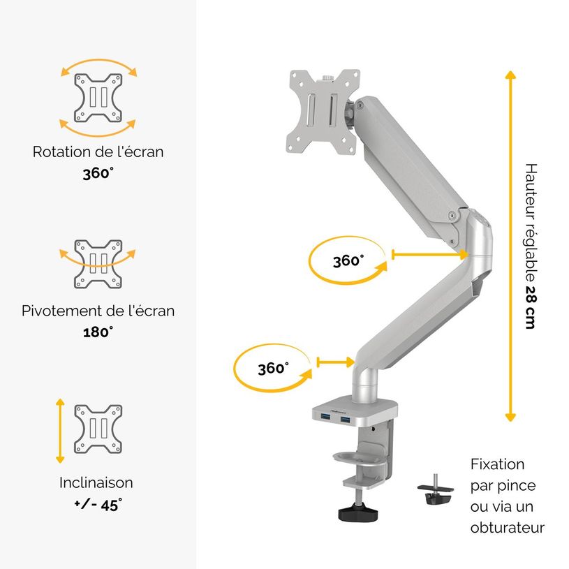 043859764211-Fellowes Platinum series - Bras porte écran simple réglable -  fixation sur bureau - gris-P_400006925_2-1