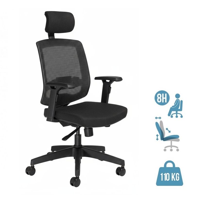 3760388580255-Fauteuil de bureau MALICE avec têtière - accoudoirs réglables - noir--0