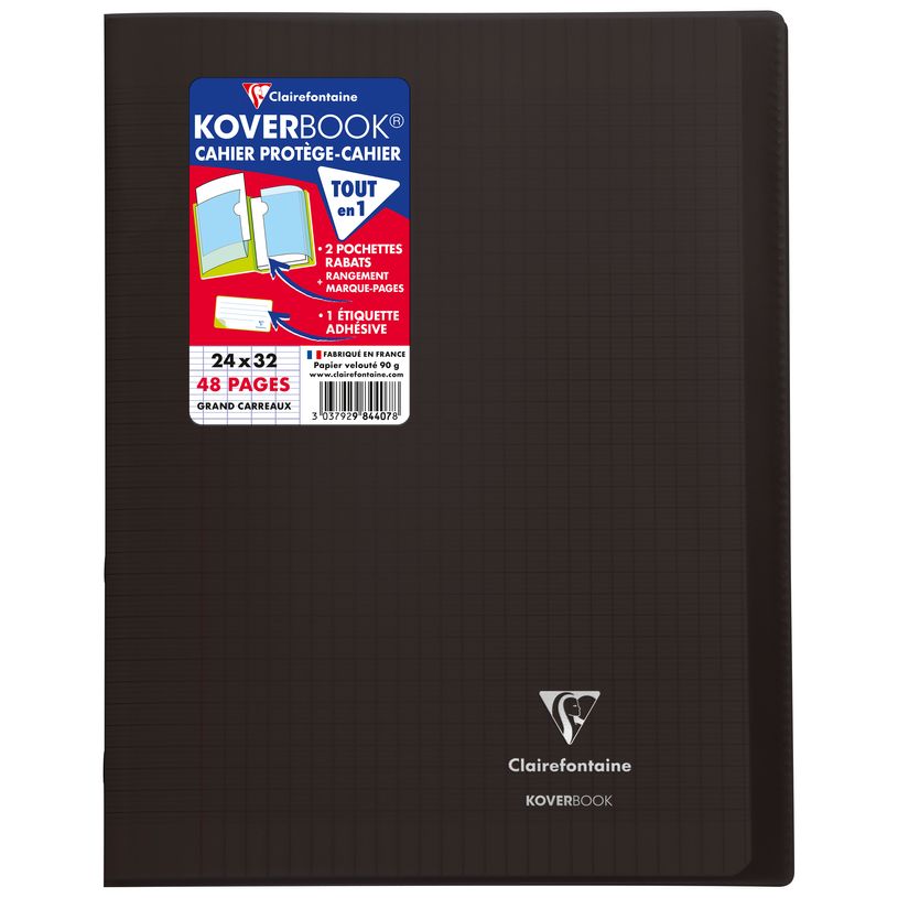 3037929844078-Clairefontaine Koverbook - Cahier polypro 24 x 32 cm - 48 pages - grands carreaux (Seyes) - noir--0