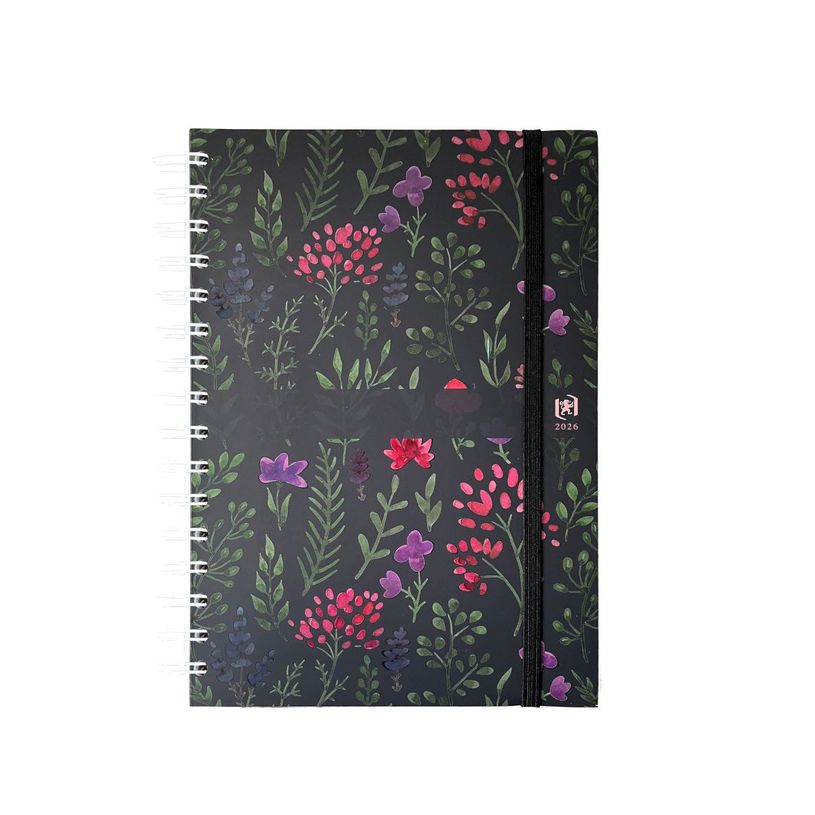 3147280123627-Agenda spiralé à élastique Flowers - 1 semaine sur 2 pages - 15 x 21 cm - bleu nuit - Oxford--0