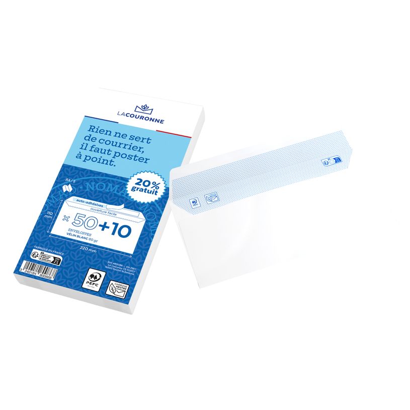 3240184800868-La Couronne - 60 Enveloppes (dont 20% gratuit) - DL 110 x 220 mm - 80 gr - sans fenêtre - blanc - bande aut-P_400010324_1-0