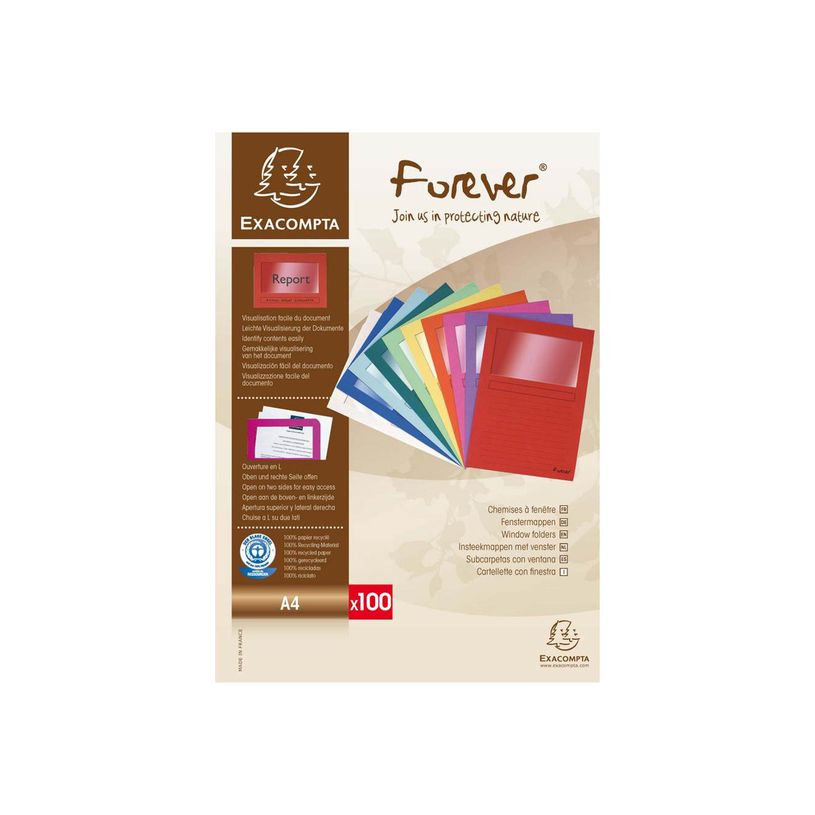 3130632501006-Exacompta Forever - 4 Paquets de 100 Chemises à fenêtre - 120 gr - couleurs assorties-P_400010796_1-1
