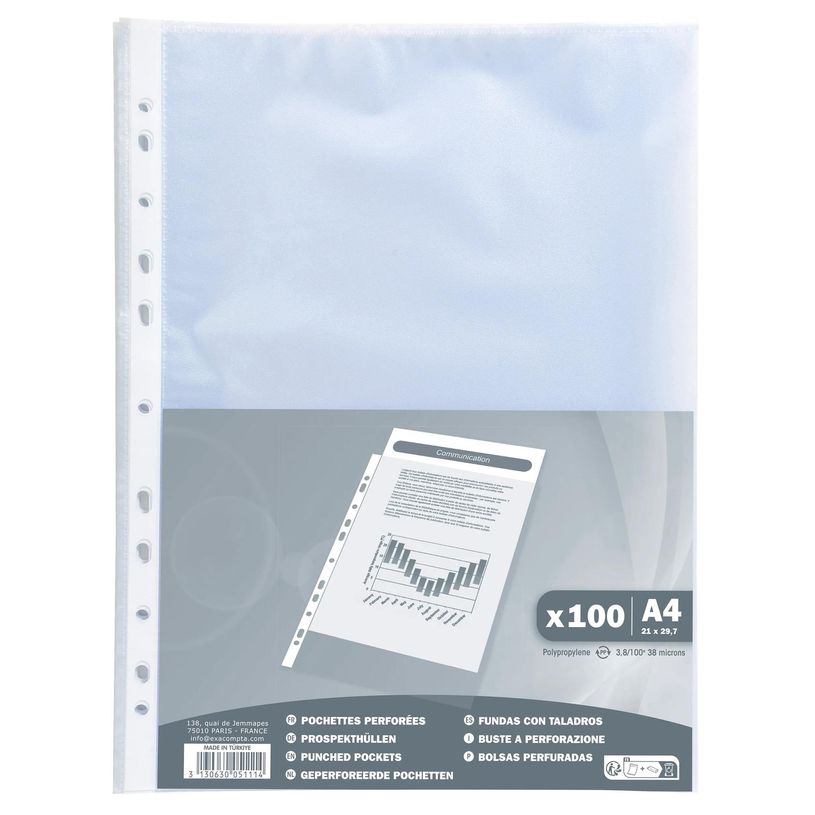3130630051114-Exacompta - 100 Pochettes perforées - A4 - grainées - 4/100--0