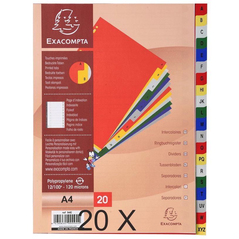 3130632000943-Exacompta - Pack de 20 intercalaires 20 positions alphabétiques - A4 - couleurs assorties-P_400011535_2-0