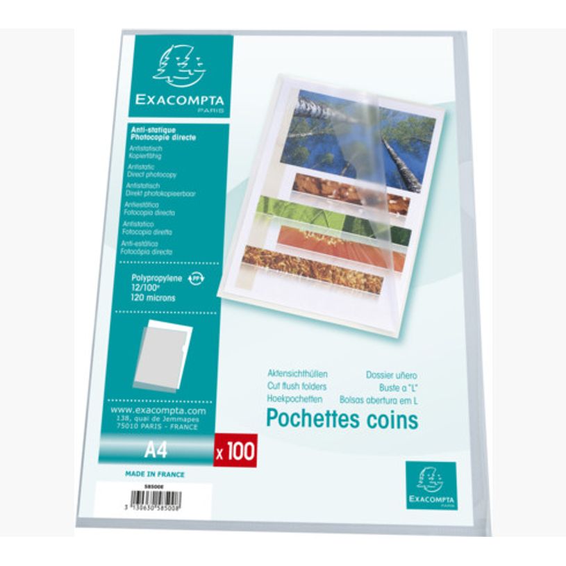 3130630585008-Exacompta - 100 Pochettes coin grainées - A4 - 12/100 - cristal-P_400011670_1-0