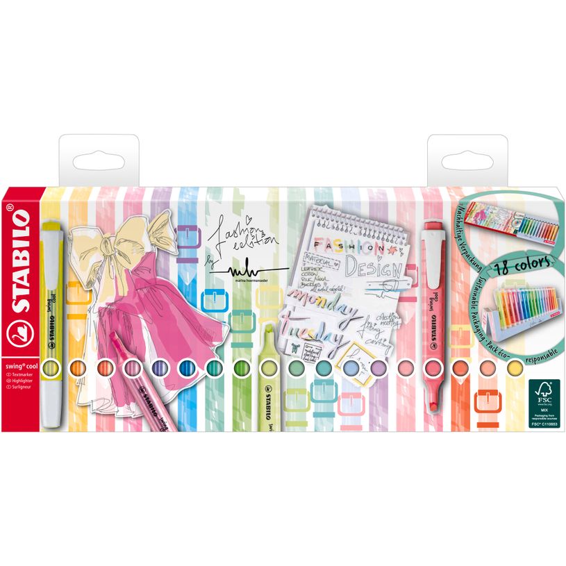 4006381565998-STABILO swing cool Fashion Edition by Marina Hoermanseder - Chevalet de 18 surligneurs - couleurs assor--0