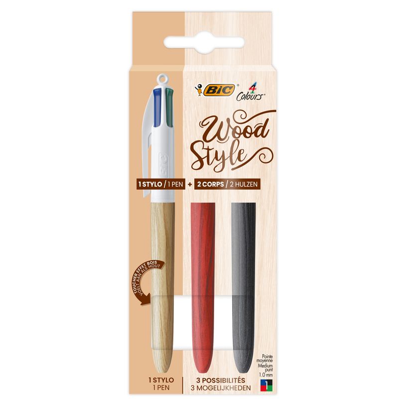 3086123650176-BIC 4 Couleurs Wood Style - Stylo à bille 4 couleurs + 2 corps de rechange effet bois-P_400012511_1-0