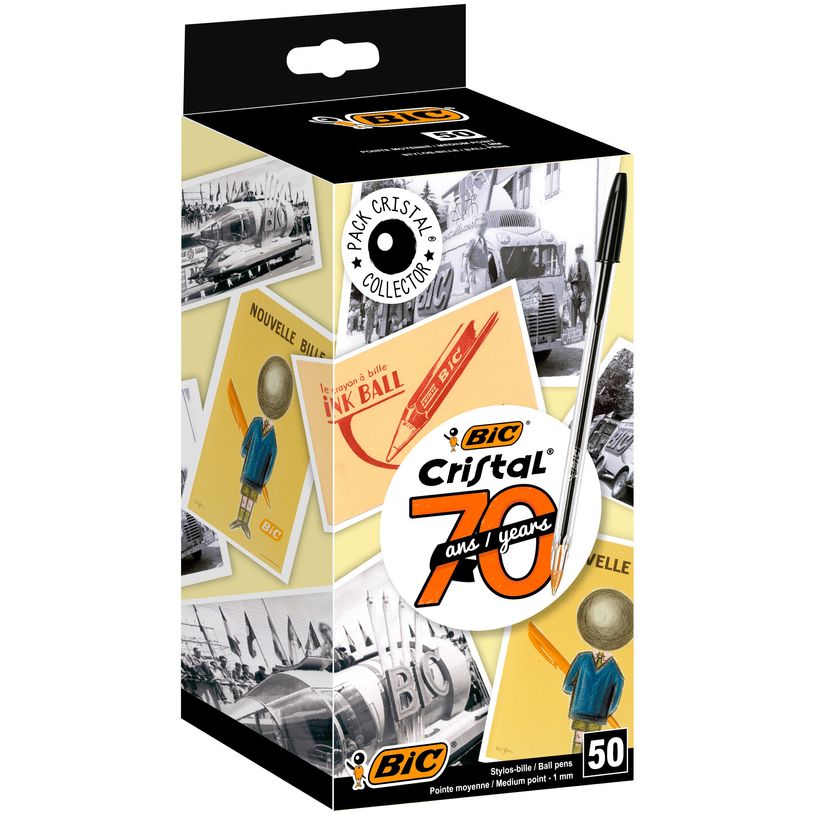 0404000125129-BIC Cristal Spécial 70 ans - 50 Stylos à bille - noir - 1 mm - pointe moyenne - pack col-P_400012512_1-0