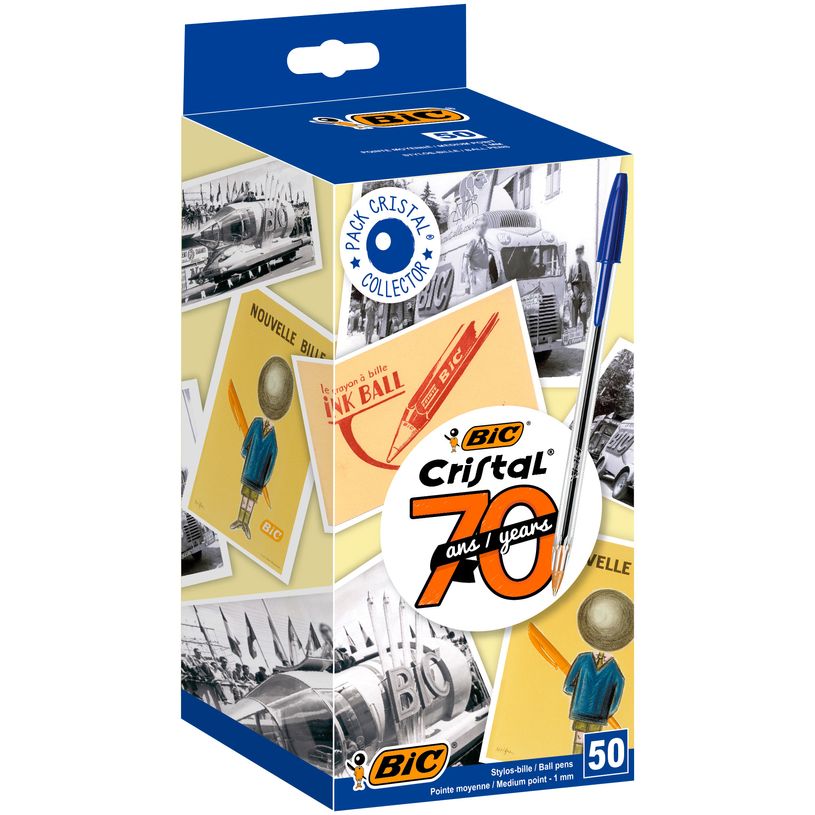 0404000125136-BIC Cristal Spécial 70 ans - 50 Stylos à bille - bleu - 1 mm - pointe moyenne - pack col-P_400012513_1-0