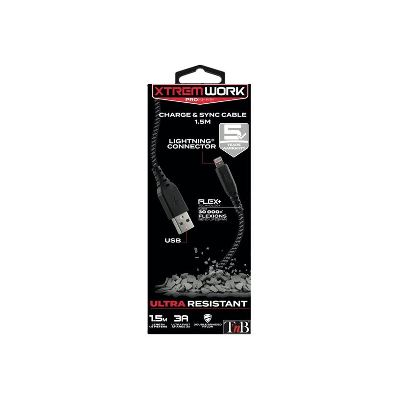 3303170089279-T'nB Xtrem work  - Câble USB 2.0 vers USB Lightning - 1.5 m - noir/gris-P_400013493_4-2