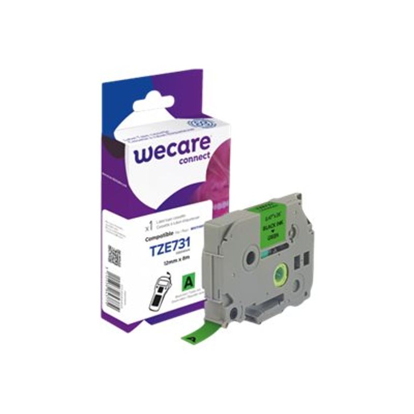3112539843779-Wecare ruban d'étiquette compatible Brother TZE731 - 1 rouleau (1,2 cm x 8 m) - fond vert-P_400014021_1-0
