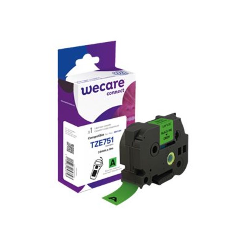 3112539843793-Wecare ruban d'étiquette compatible Brother TZE751 - 1 rouleau (2,4 cm x 8 m) - fond vert-P_400014029_1-0