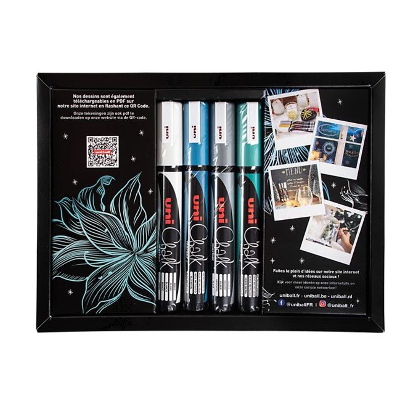 3296280045153-UNI CHALK - 4 Marqueurs craie pointe fine avec 8 modèles à reproduire offerts - couleurs froides - vert métal-P_405110268_2-1