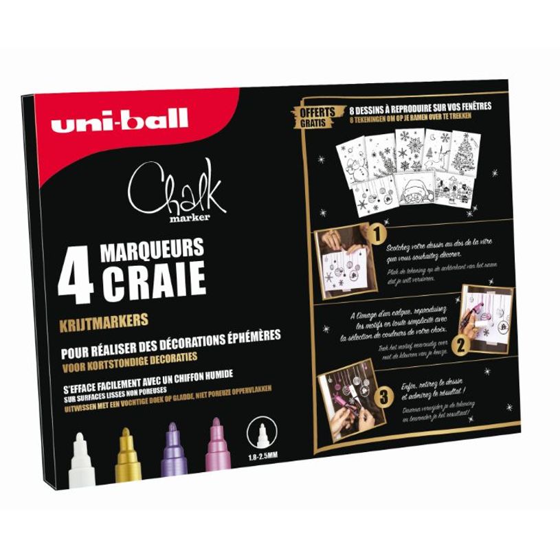3296280045160-UNI CHALK - 4 Marqueurs craie pointe fine avec 8 modèles à reproduire offerts - couleurs chaude - blanc, or-P_405110269_1-0