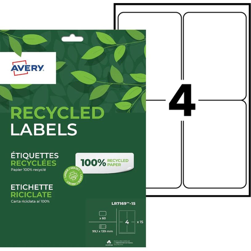 5014702144066-Avery - 60 Étiquettes recyclées blanches - 99,1 x 139 mm - Impression laser ou jet d'enc-P_405110772_2-0