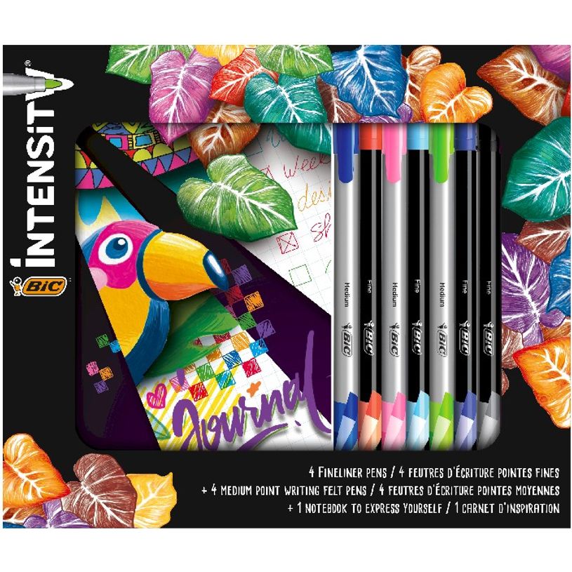 3086123671553-BIC Intensity - Kit d’Écriture avec 8 Stylos Feutres (4 pointe fine et 4 pointe moyenne) + 1 Carnet d-P_405113549_1-0