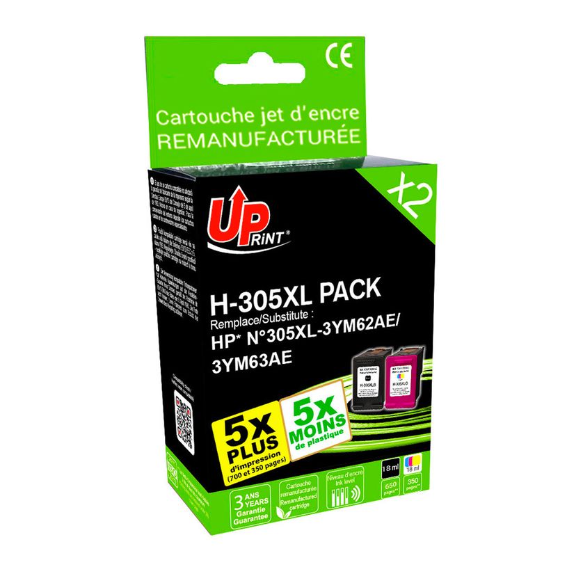 3584770908102-Cartouche remanufacturée HP 305XL - pack de 2 - noir, cyan, magenta, jaune - Uprint--0