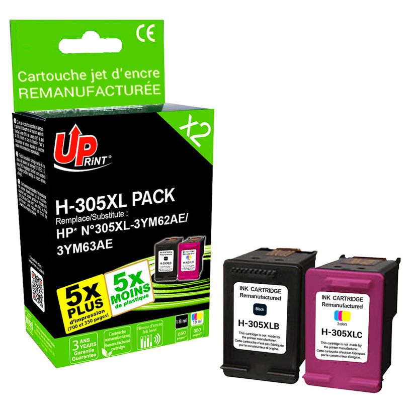 3584770908102-Cartouche remanufacturée HP 305XL - pack de 2 - noir, cyan, magenta, jaune - Uprint--2