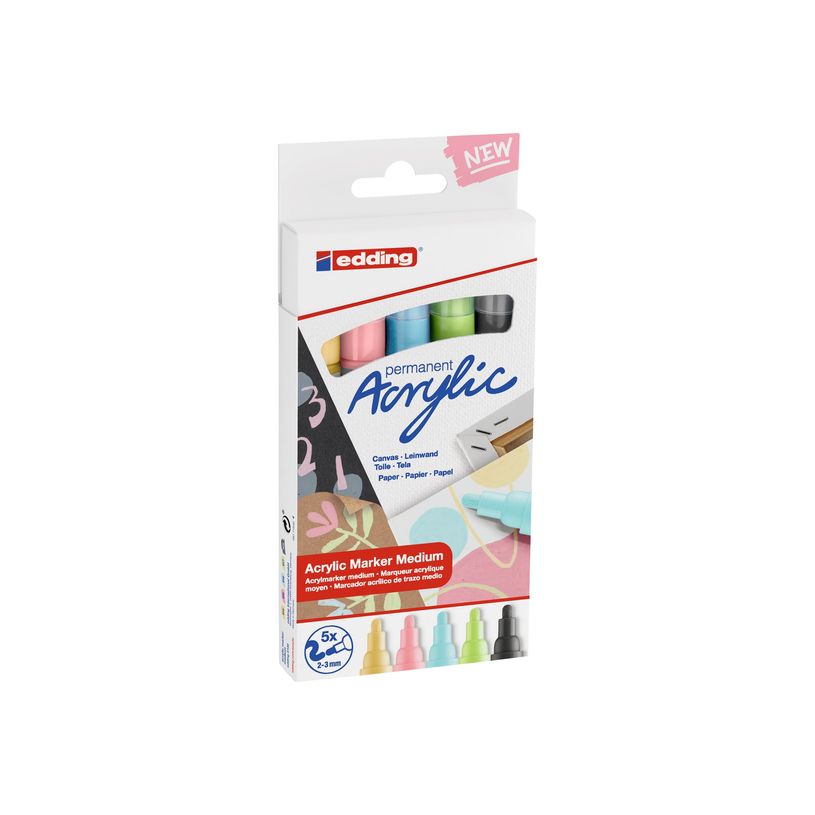 4057305030900-edding - Set de 5 Marqueurs Acrylique e-5100 Assortis - Pointe Ogive 2-3 mm-P_405117150_3-16