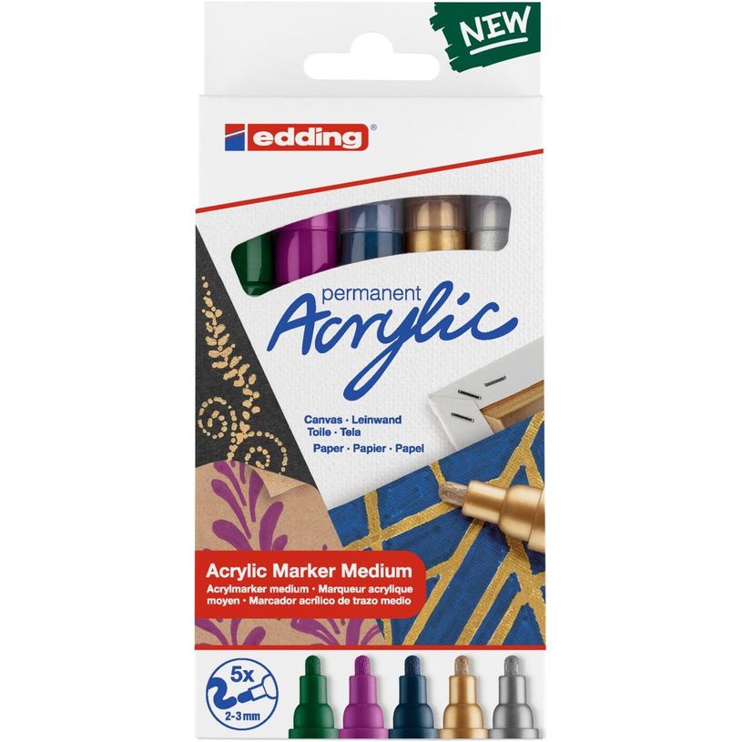 4057305030962-Edding 5100 - Pack de 5 marqueurs acryliques - argent, rouge, vert mousse, or, bleu nuit-P_405117152_7-0