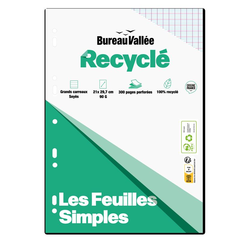 3663619096900-Bureau Vallée Recyclé - feuilles simples A4 - 300 pages - grands carreaux (Seyes) - perf-P_405118199_1-0