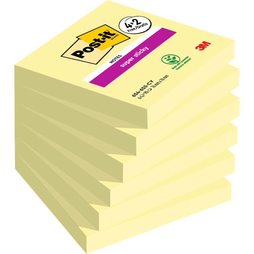 4054596926141-Post-it - 4 Blocs notes + 2 gratuits de 90 feuilles Super Sticky - jaune canari - 76 x 76 -P_405119519_1-0