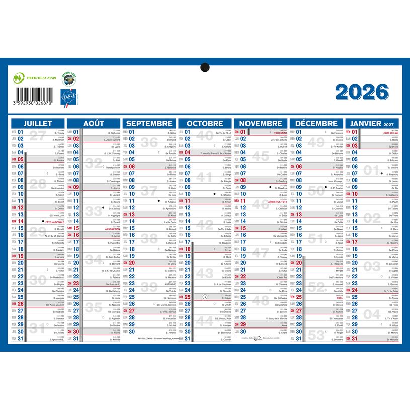 3592930026870-Calendrier bancaire souple année civile BOUCHUT "Direct Mini" 19 x 26,5 cm Pefc 70 %--1
