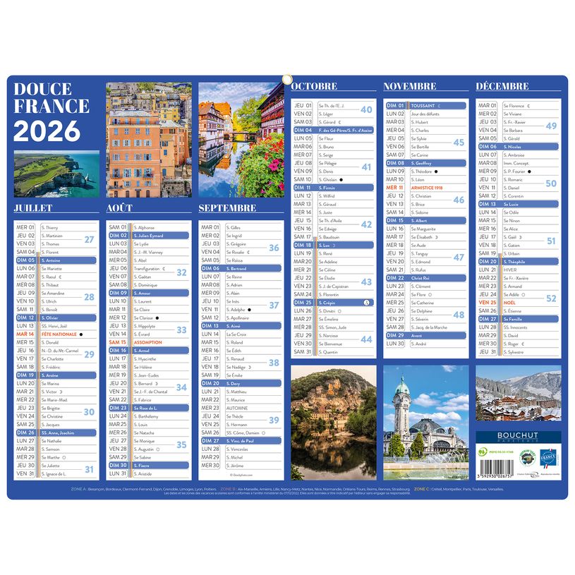 3592930026757-Calendrier bancaire illustré année civile BOUCHUT " Douce France Medium" 32 x 42 cm Pefc 70 %--1