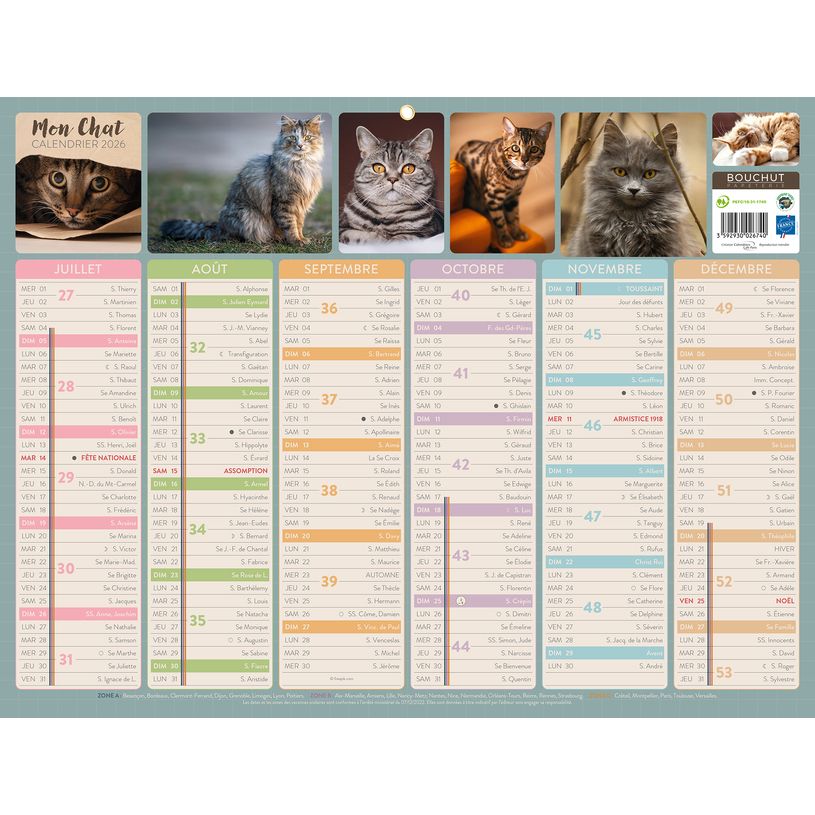 3592930026740-Calendrier bancaire illustré année civile BOUCHUT "Chat Medium" 32 x 42 cm Pefc 70 %--1