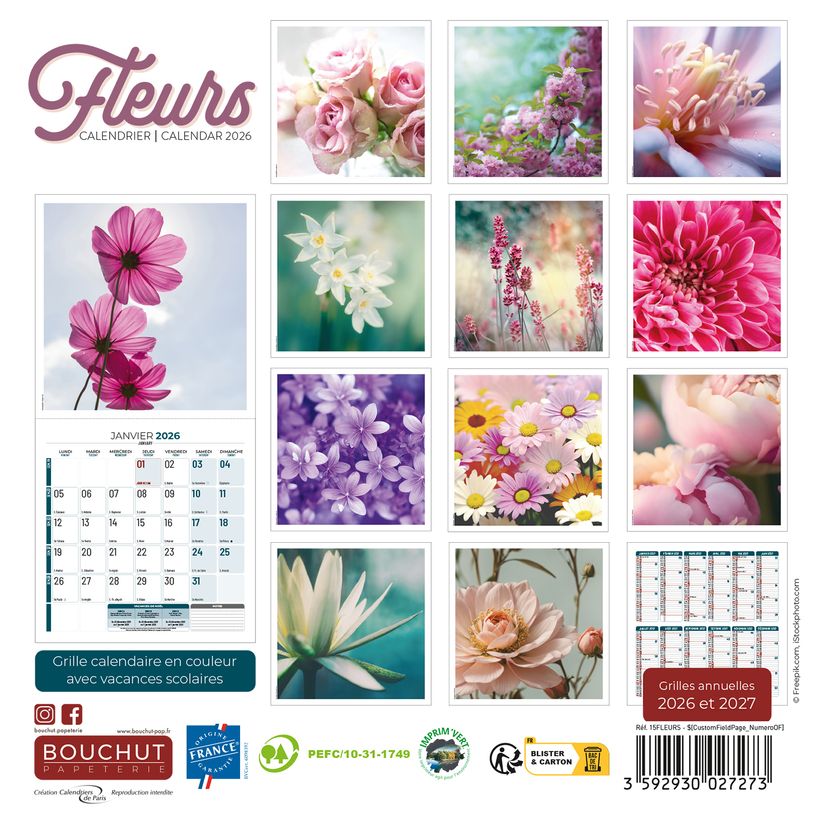 3592930027273-Calendrier illustré BOUCHUT 15 x 15 cm FLEURS Pefc 70 %--2