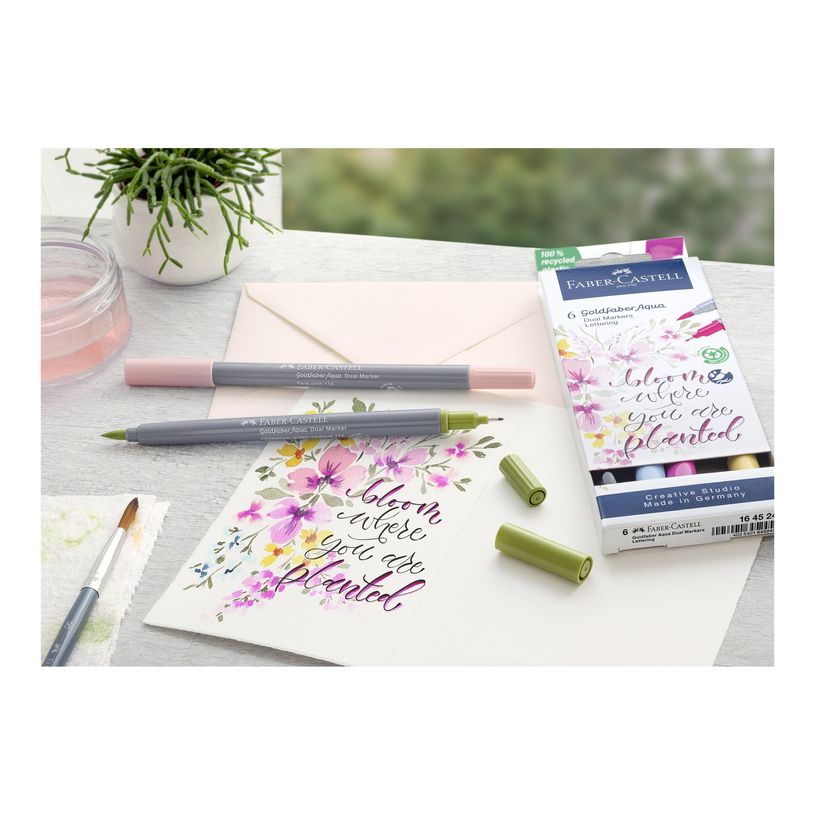 4005401645245-Faber-Castell Goldfaber Aqua - 6 Feutres double pointe - noir, jaune de cadmium, rose violet moyen, rose pâle, vert de c-P_405124207_3-4