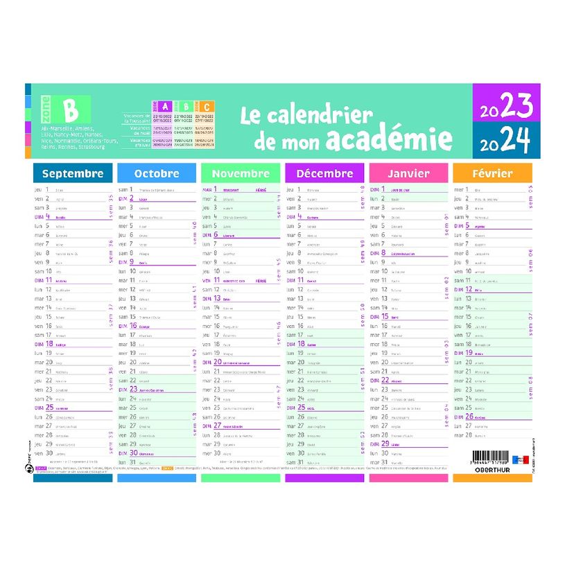 3664447149646-Calendrier Mon Academie - 6 mois par face - Zone B - 33,5 x 43 cm - Oberthur-P_405132146_1-0
