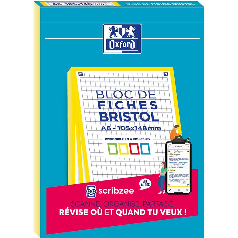 3020120196978-Oxford - Pack de 30 Fiches Bristol - A5 - petits carreaux - non perforé - Bords Jaunes--0