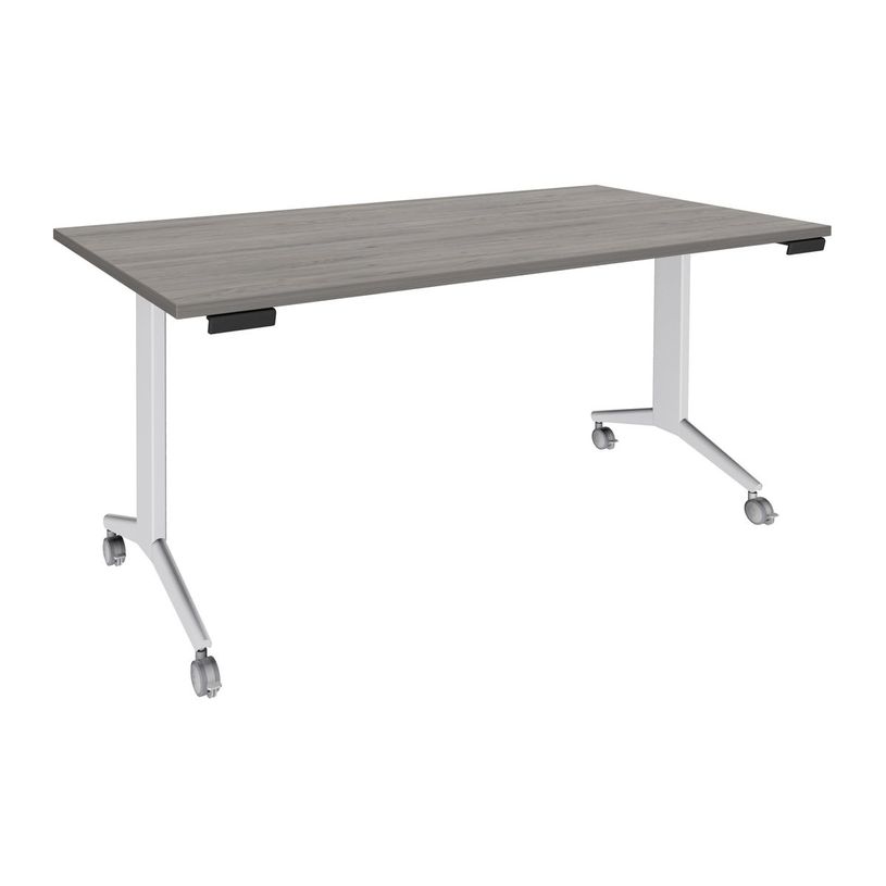 3253310160293-Table de réunion abattantes - L140 x P80 cm - pied blanc - plateau imitation chêne gris-P_405133428_2-0