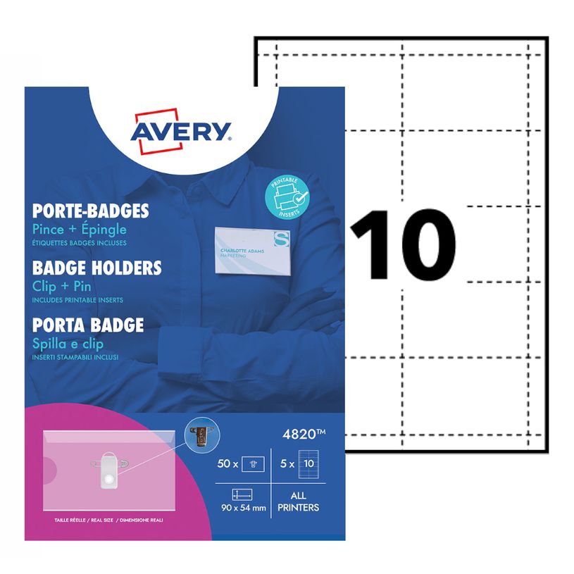 5014702001314-Avery - 50 Badges à pince avec épingle + 50 étiquettes imprimables - 54 x 90 mm-P_405134517_1-0