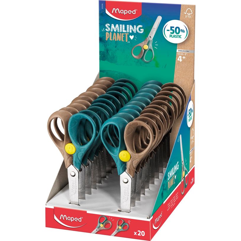3154144731218-Maped Smiling Planet - Ciseaux Security 13 cm - 50% en fibre de bois - bouton de sécurit