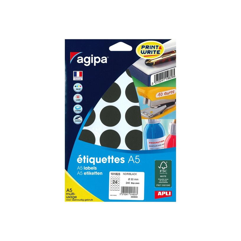 3270241018233-Apli Agipa - Etui A5 - 240 Pastilles adhésives - noir multi-usages - diamètre 30 mm - r