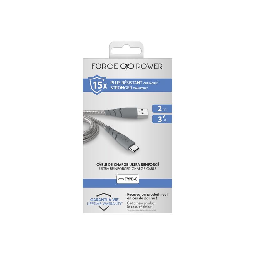 3571211489979-Force Power - Câble Ultra-renforcé - USB A/USB C - 2 m - 3A - Gris - Garanti à vie-P_405141698_1-1