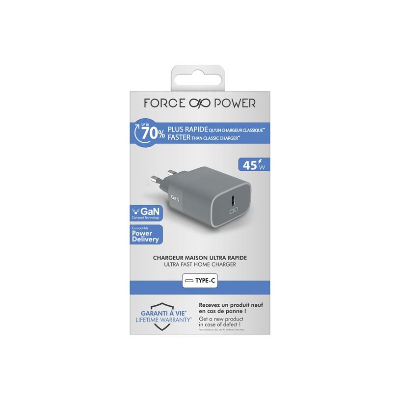 3571211490302-Force Power - Chargeur secteur pour smartphone - USB C - 45W - Power Delivery - GaN - Gris-P_405141704_1-4