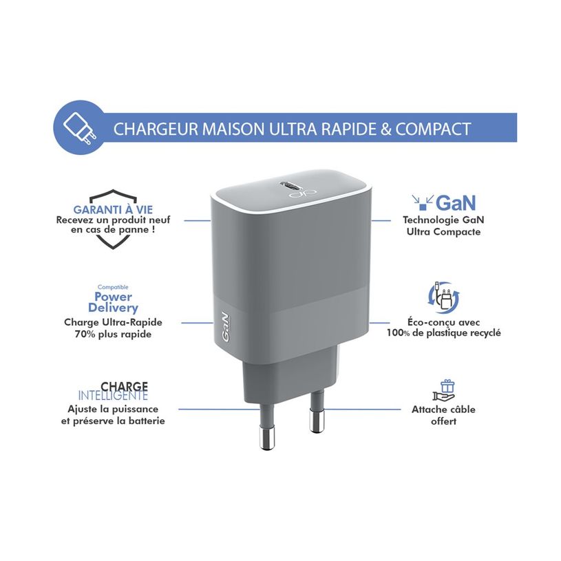3571211490302-Force Power - Chargeur secteur pour smartphone - USB C - 45W - Power Delivery - GaN - Gris-P_405141704_5-1