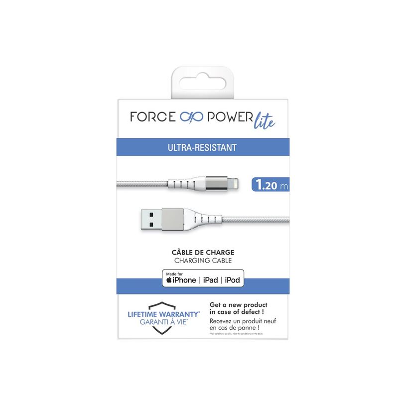 3571211494157-Force Power - Câble renforcé - USB A/ Lightning - 1.2 m - 2.4A - Blanc - Garanti à vie-P_405141709_1-2