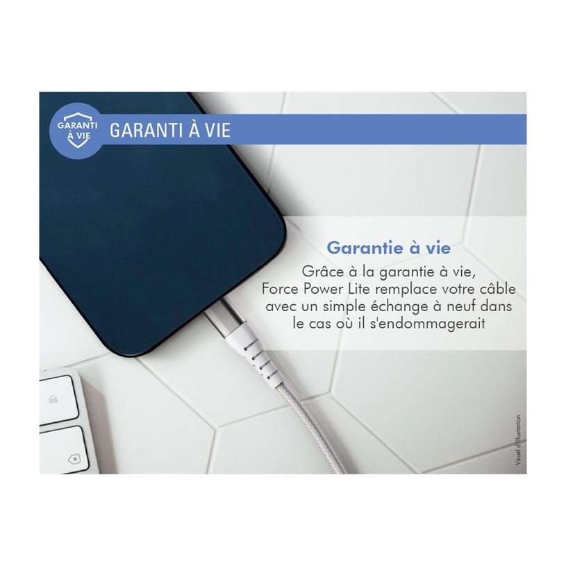 3571211494157-Force Power - Câble renforcé - USB A/ Lightning - 1.2 m - 2.4A - Blanc - Garanti à vie-P_405141709_3-1