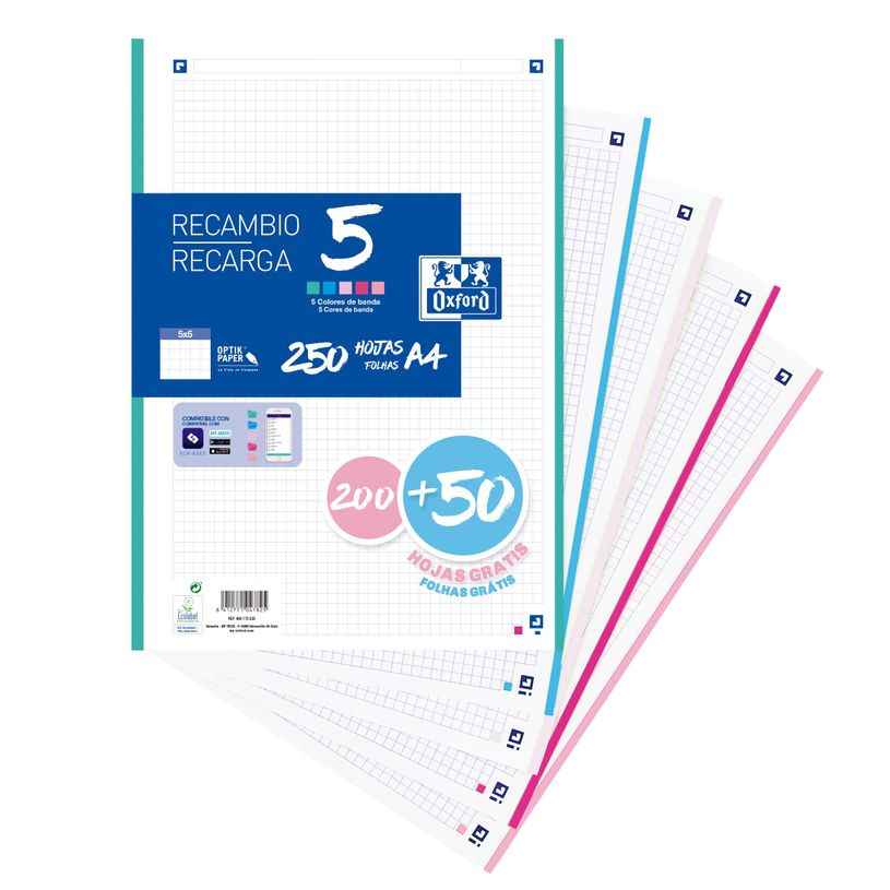 8412771047825-Recambio Oxford A4 250 hojas 5 colores pastel Optik Paper® – Pack 200+50 hojas-P_405145794_2-0