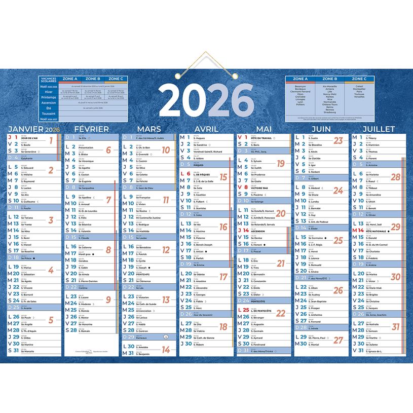 3592930026481-Calendrier bancaire année civile BOUCHUT "230 Bleu" 38,5 x 54 cm coloris bleu Pefc 70 %--0