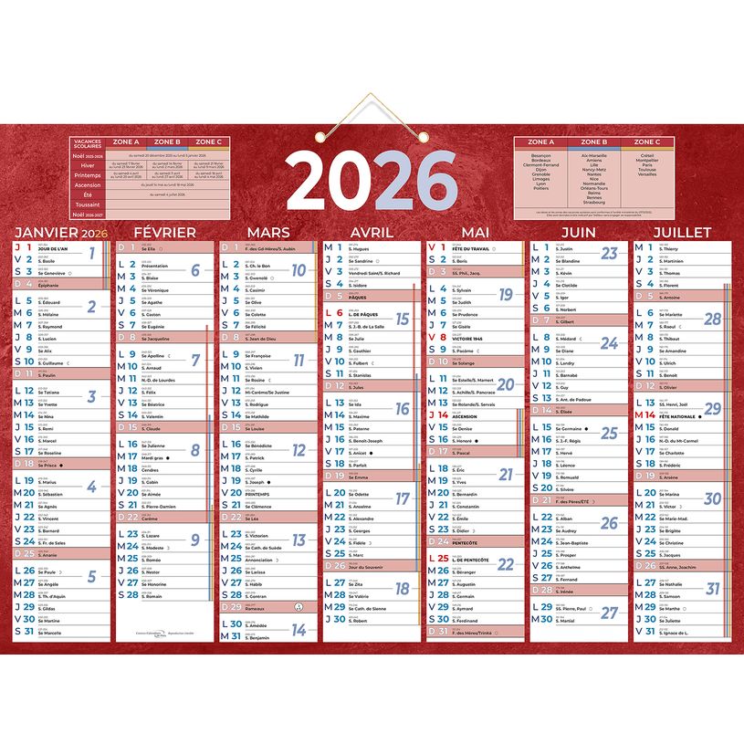 3592930026498-Calendrier bancaire année civile BOUCHUT "230 Rouge" 38,5 x 54 cm coloris rouge Pefc 70 %--0
