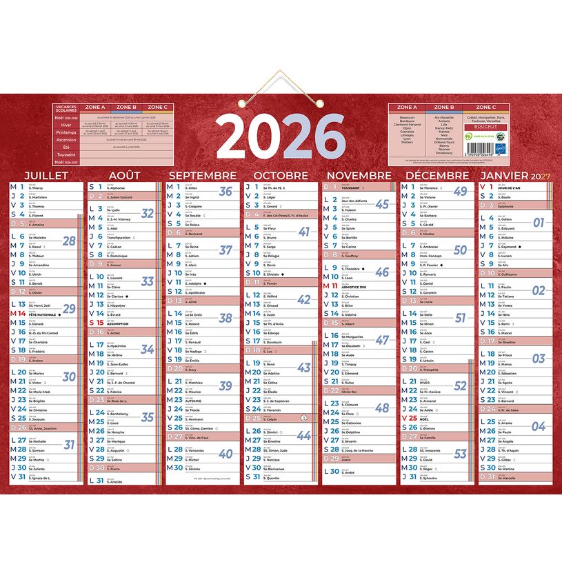3592930026498-Calendrier bancaire année civile BOUCHUT "230 Rouge" 38,5 x 54 cm coloris rouge Pefc 70 %--1